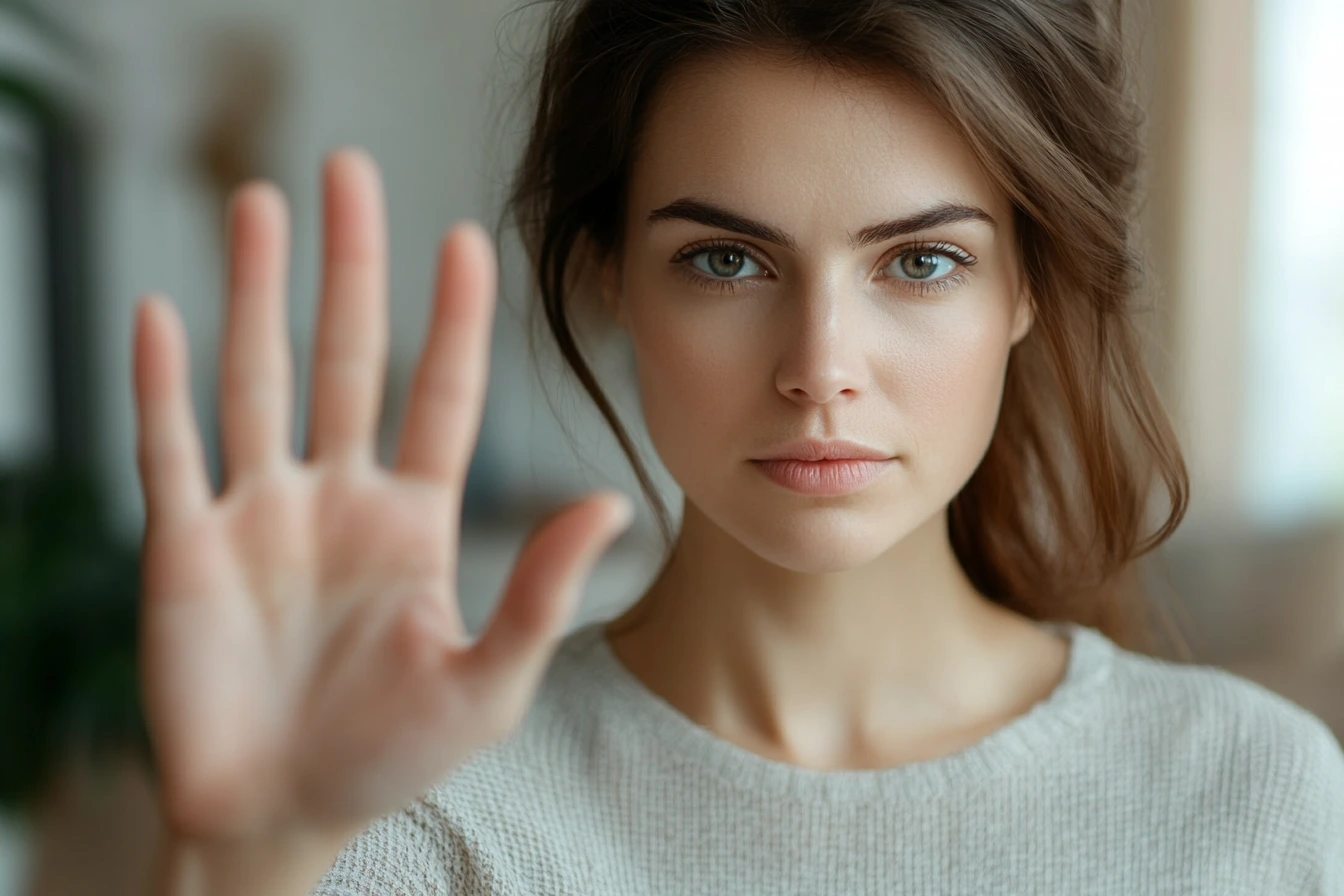 kobieta patrzy do obiektywu i pokazuje otwartą dłoń na znak stop