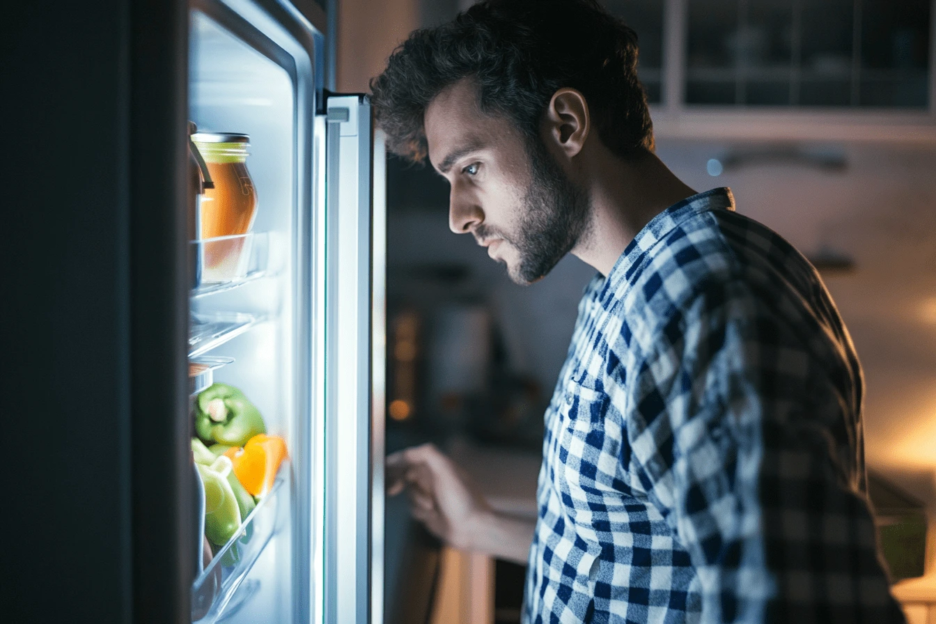 mężczyzna w koszuli w kratę zagląda do lodówki późną porą