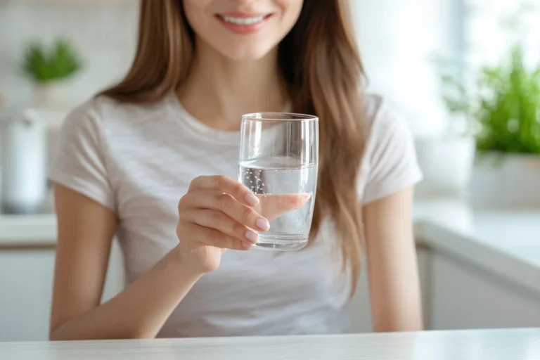 kobieta siedzi przy stole w kuchni i trzyma szklankę wody