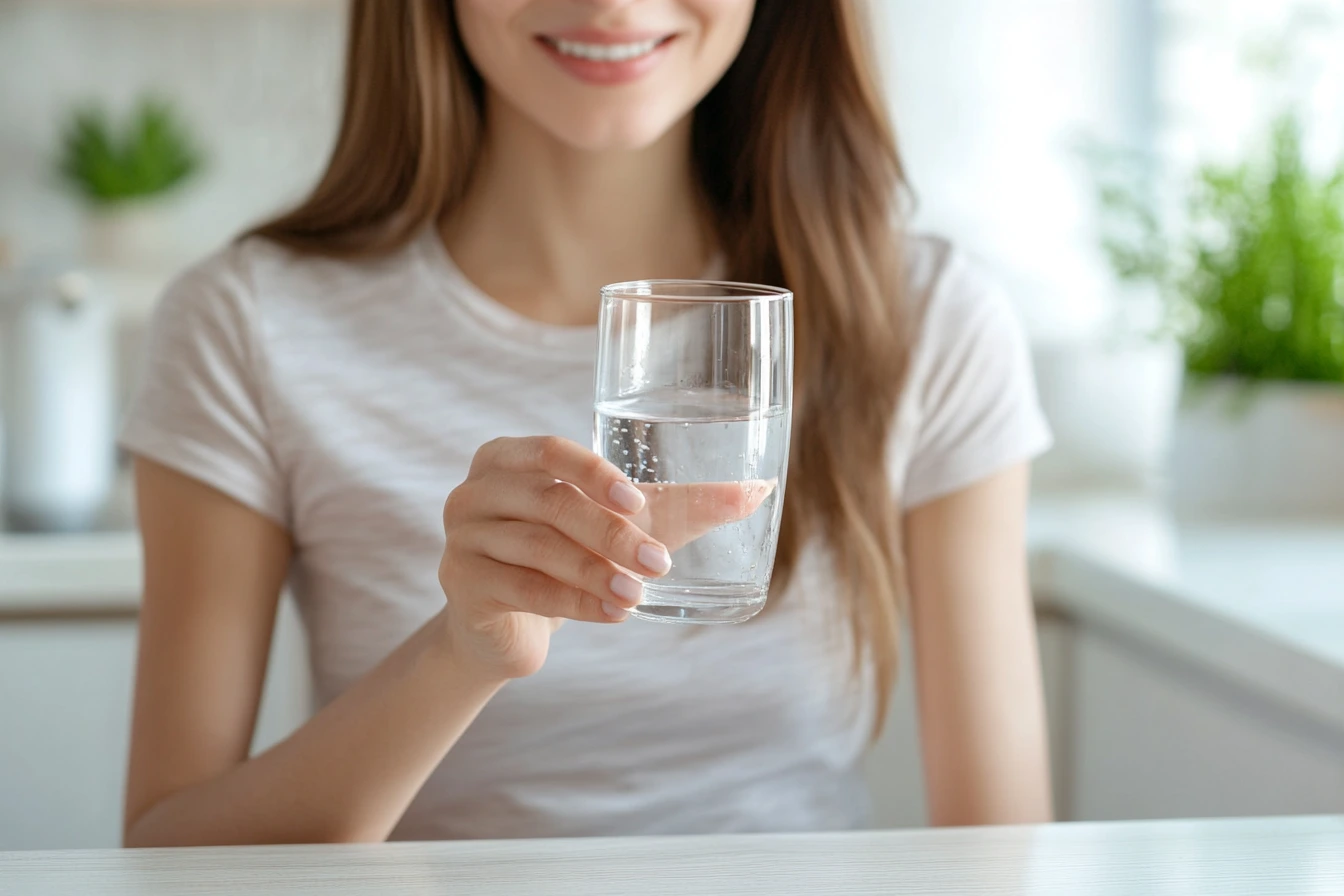 kobieta siedzi przy stole w kuchni i trzyma szklankę wody