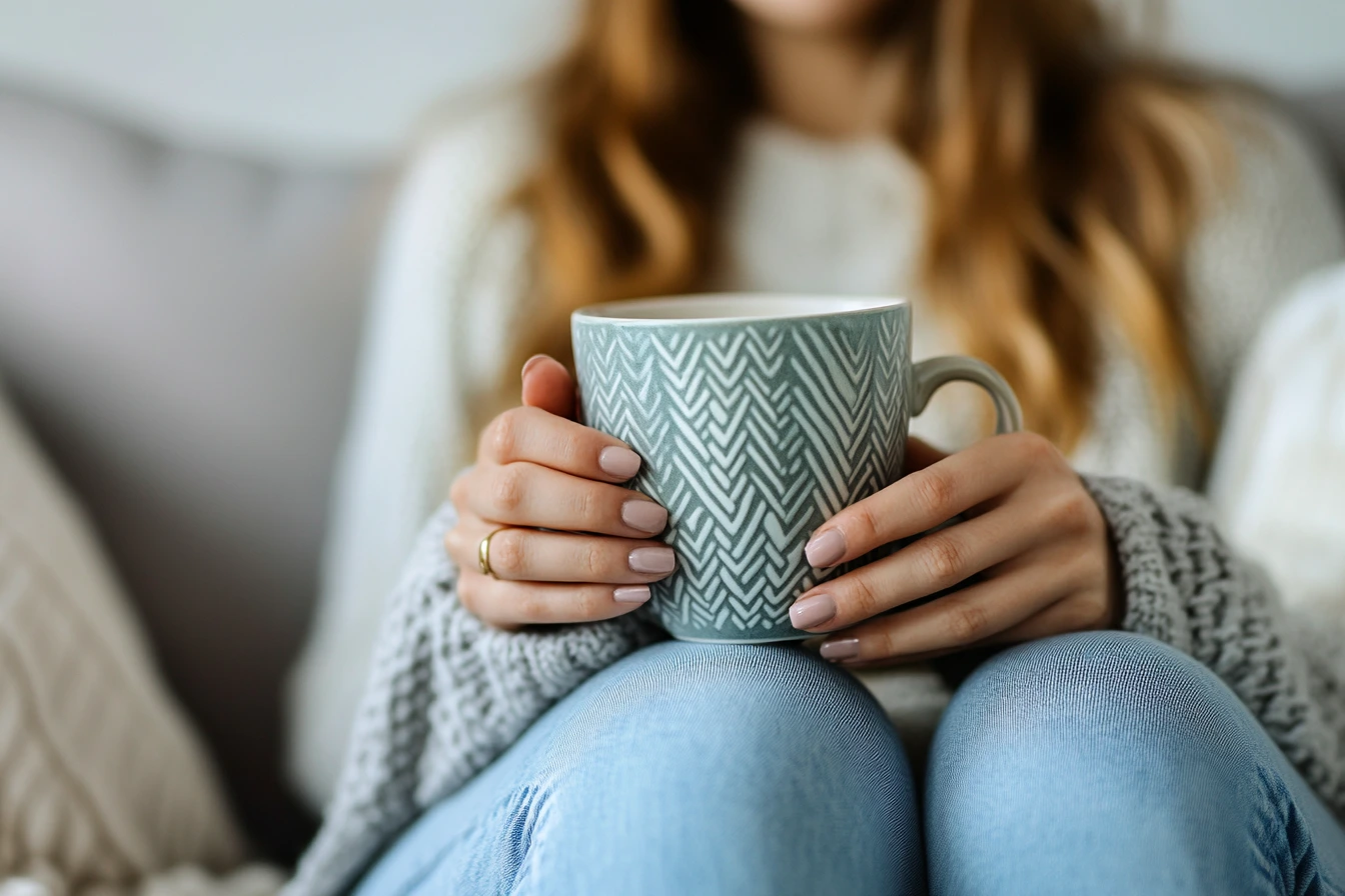 kobieta w swetrze i jeansach trzyma kubek z napojem