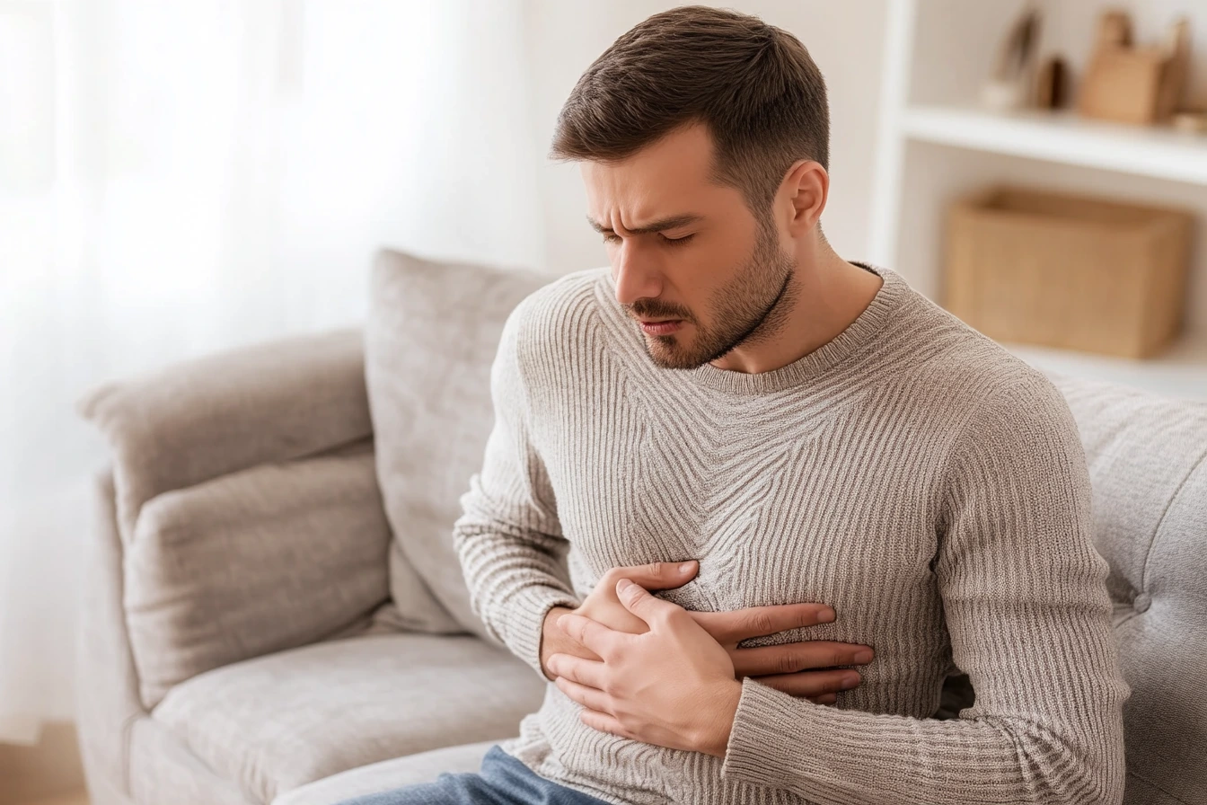 mężczyzna w swetrze siedzi na kanapie i trzyma się za brzuch z grymasem na twarzy