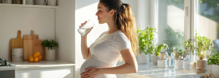 kobieta w ciąży stoi w kuchni i pije szklankę wody