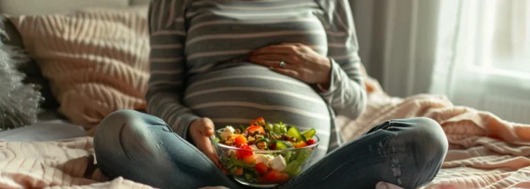 kobieta w zaawansowanej ciążyh siedzi na łóżku z sałatką