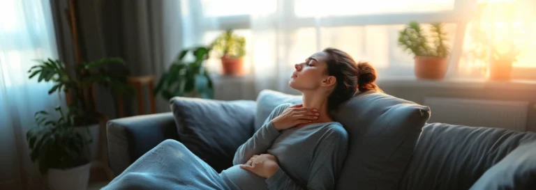 kobieta ze zgagą siedzi na kanapie