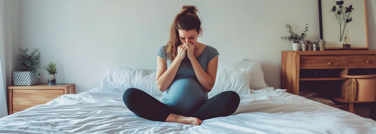 kobieta w ciąży siedzi na łóżku